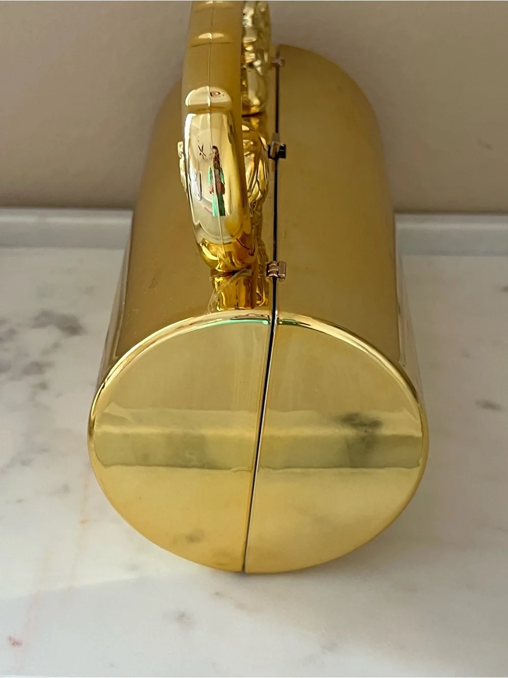 Gold Lion-Handle Cylindrical Minaudière Barrel Clutch